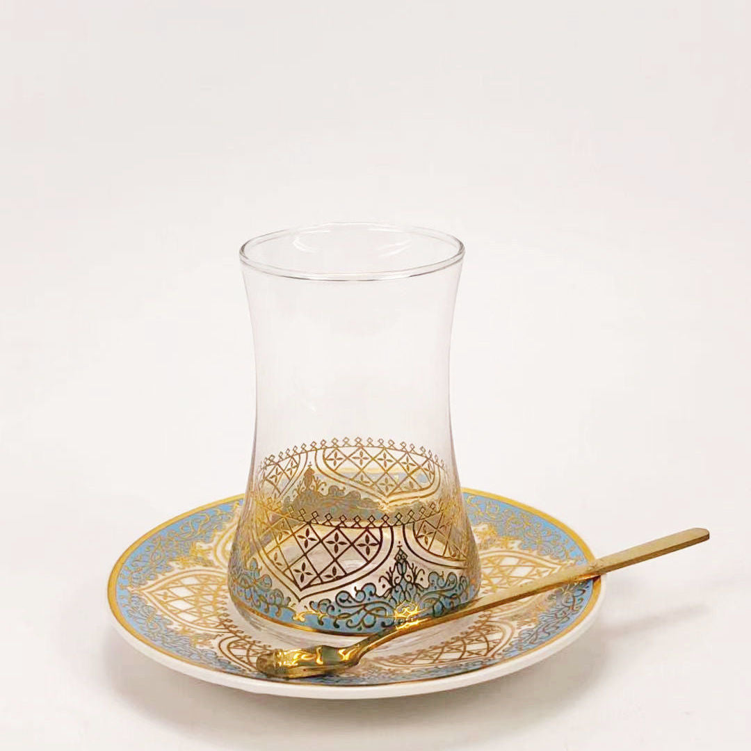 Turkish Tea Glasses Cups Set Saucers with Spoon Coffee Cup Romantic Exotic Glass Tea Cup Blue Gold Kitchen Decoration Drinking