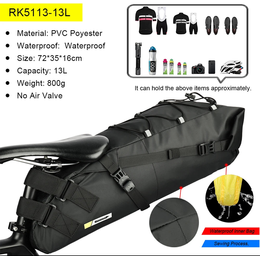 Rhinowalk Bike Saddlebag + Stabilizer Set Waterproof 13L Large Capacity More Stable For MTB Road Bike Can Fit Water Bottle Cage