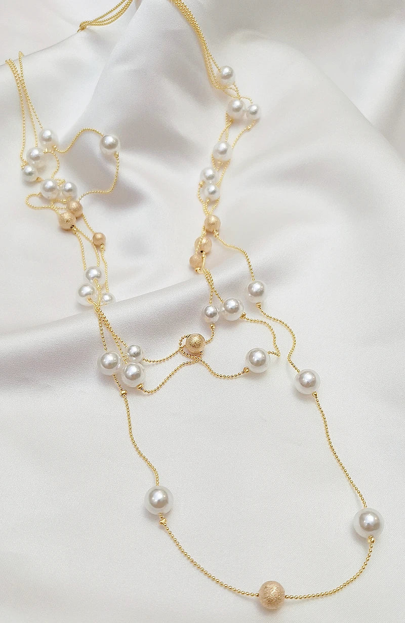 Fashion Handmade Simulated-pearls Beads Chain Necklace For Women Charm Multilayer Long Sweater Necklaces Wedding Party Jewelry