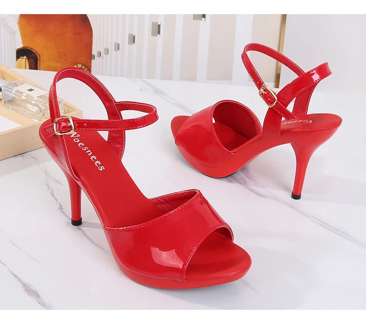 High Heel Sandals Women Shoes 2020 Summer New Slippers Red Fine Heel Patent Leather Women Open Toe Plus Size Sexy Ladies Banquet