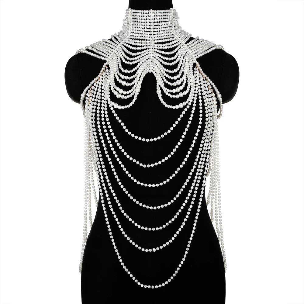 Sexy Pearl Body Chain For Women Necklaces Shawl Female Punk Style Beaded Collar Shoulder Sweater  Long Chain Bridal Body Jewelry