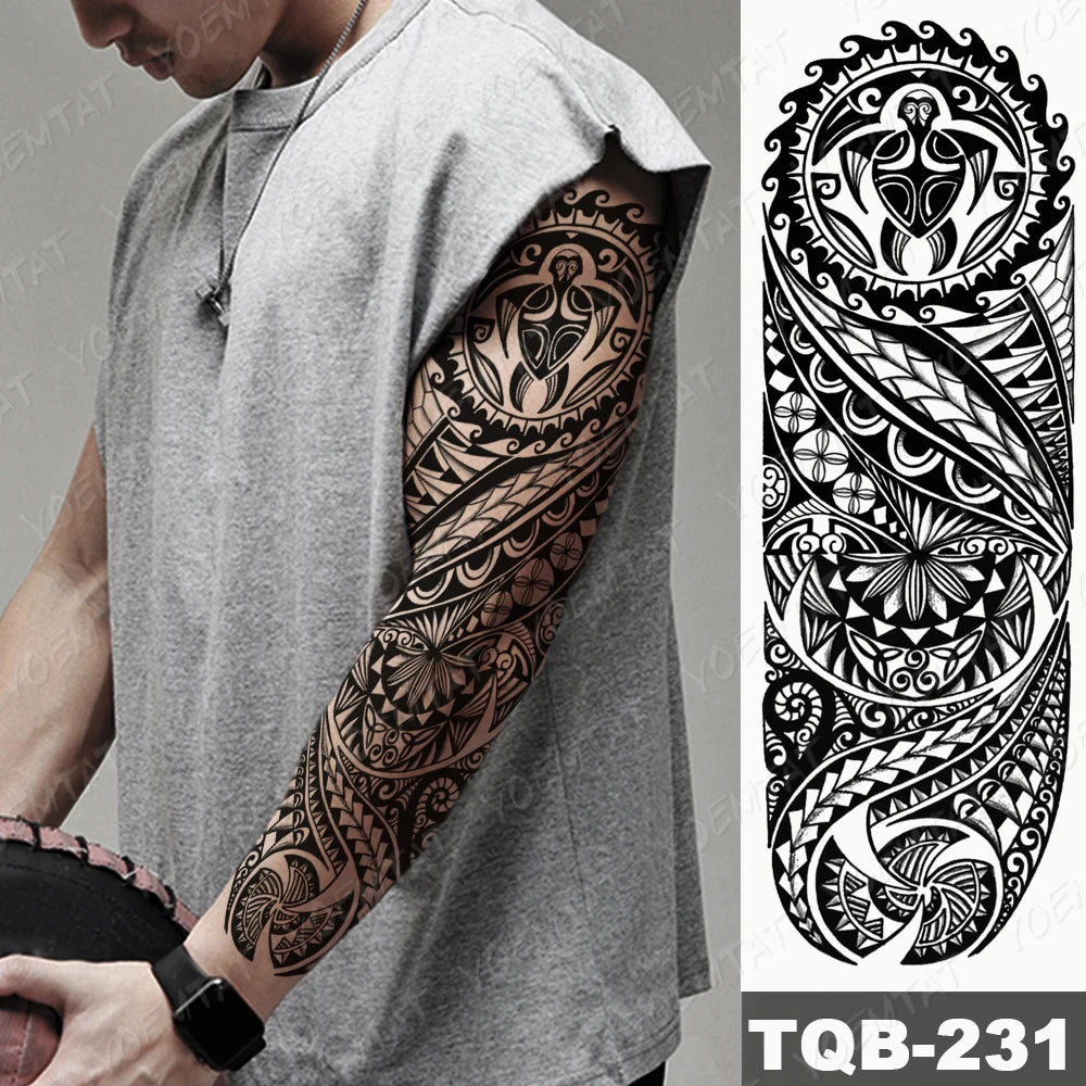 Large Arm Sleeve Tattoo Black Maori Totem Waterproof Temporary Tatto Sticker Tribal Flame Body Art Full Fake Tatoo Women Men