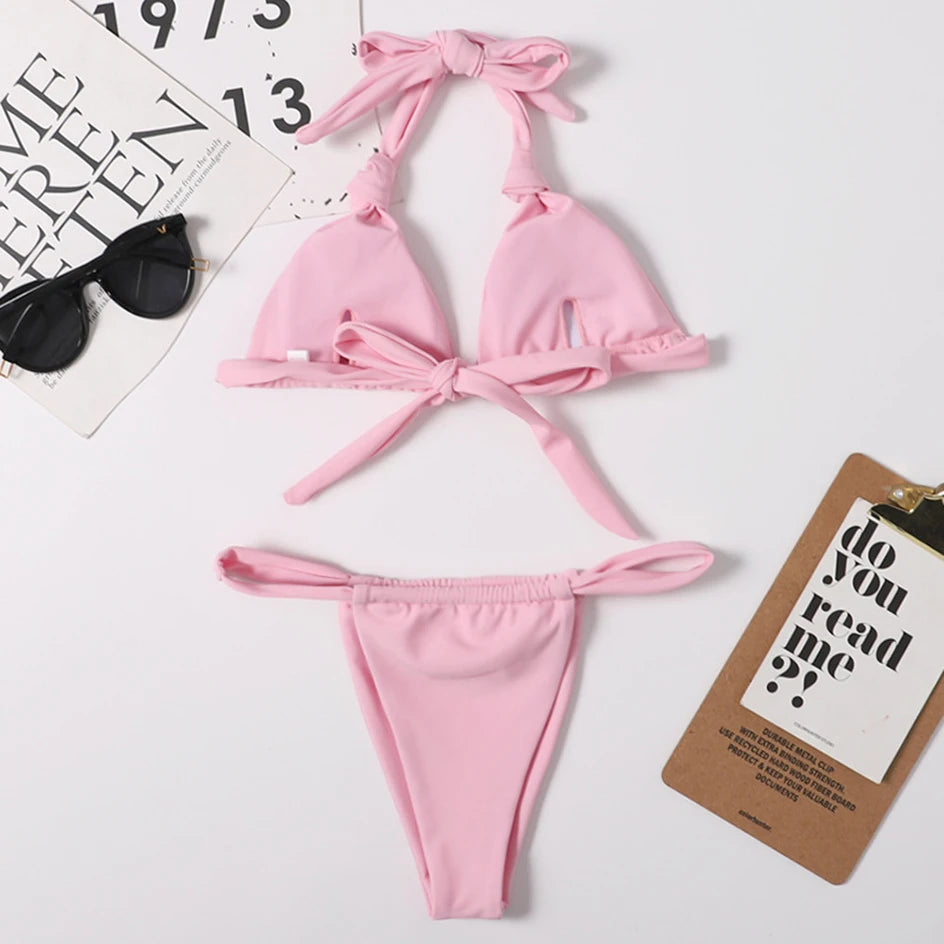 Sexy Micro Bikini 2024 Woman Swimsuit Mini Thong Bikinis Set Beachwear Halter Top Swimwear Women Swimming Wear for Bathing Suit