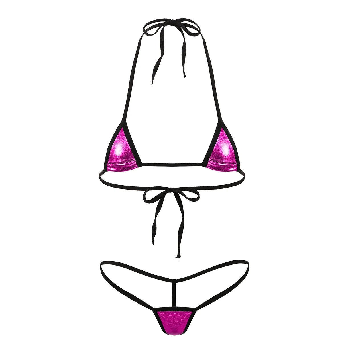 Womens Shiny Metallic Halterneck Bra Tops Micro Thong Bikini Set 2 Pieces Extreme Swimsuits Brazilian Swimwear Bathing Suits
