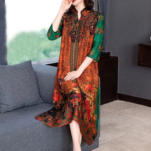 2024 Boho Vintage Print Natural Silk Midi Dresses Summer Loose Casual Dress Elegant Women Bodycon Party Vestidos