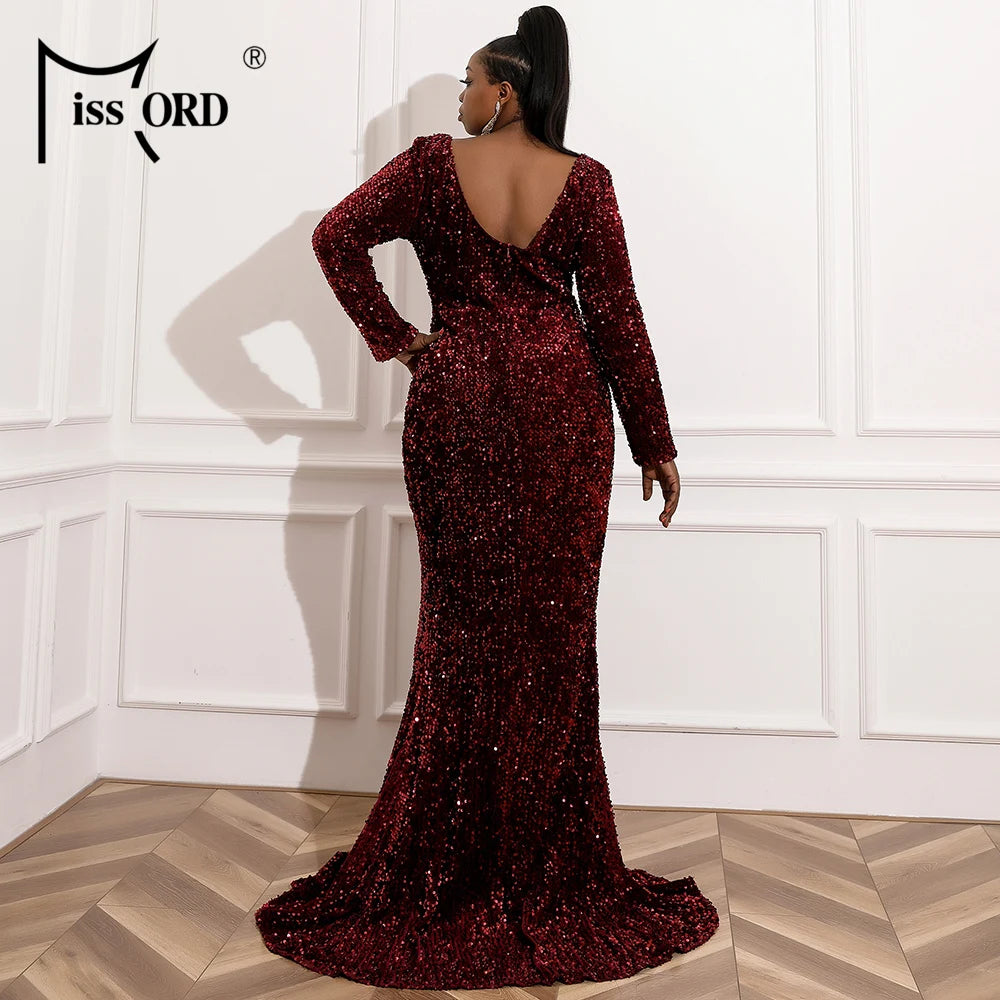 Missord Women Wine Plus Size Evening Dress Long Sleeve Sequins Thigh Split Bodycon Party Prom Maxi Dresses Elegant Backless Gown