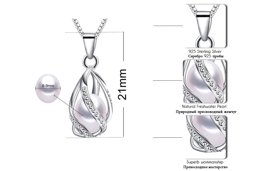 100% Natural Freshwater Pearl Cage Pendant for Women 925 sterling Silver White Pearl Pendant Necklace Jewelry with 45 Chain