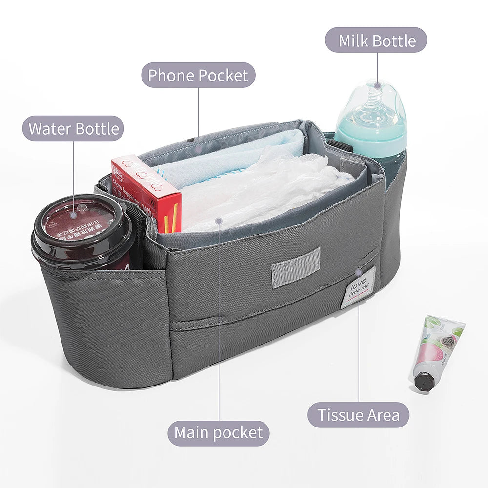 Universal Baby Stroller Organizer Expandable Diaper Bag with Shoulder Strap,Cup Holder,Zipper Pocket Stroller Accessories Travel