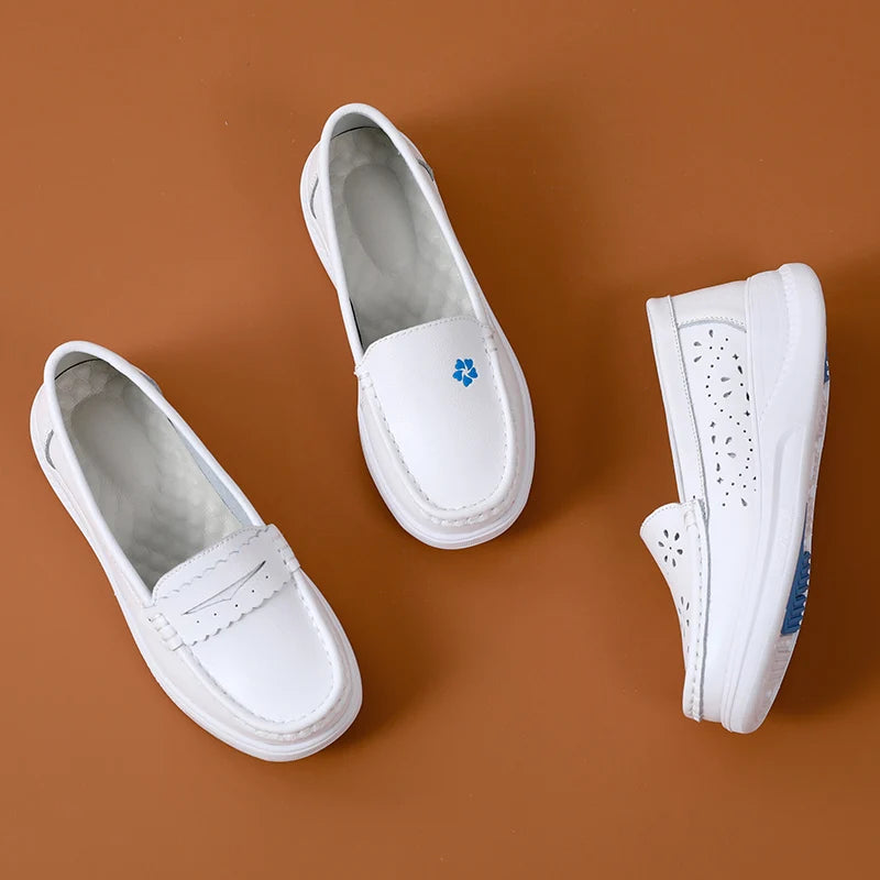 Summer Air Sole Comfortable Slip on Breathable Platform Loafer Casual White Genuine Leather Females Work Nurses Shoes