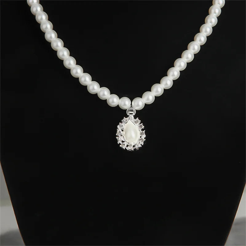 Pearl Jewelry Set for Women Water Drop Dangle Earrings Crystal Pendants Imitation Pearl Beads Necklaces femme brincos e colares