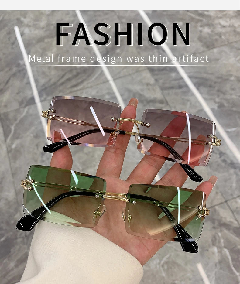 Vintage Fashion 2021 New Sunglasses Rimless Frameless Rectangle Shades Gradient UV400 Summer Traveling Sun Glasses for Women