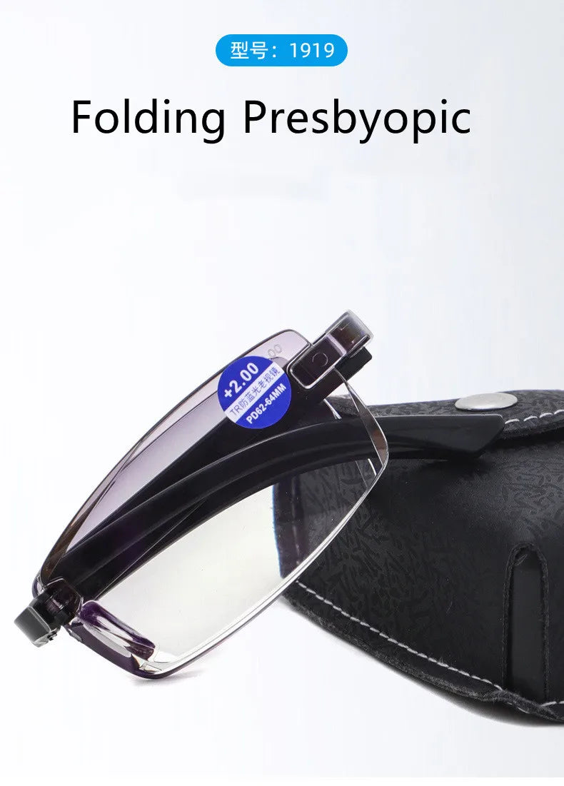 Smart zoom glasses folding diamond cut edge anti-blue reading glasses male frameless TR90 reading glasses portable box
