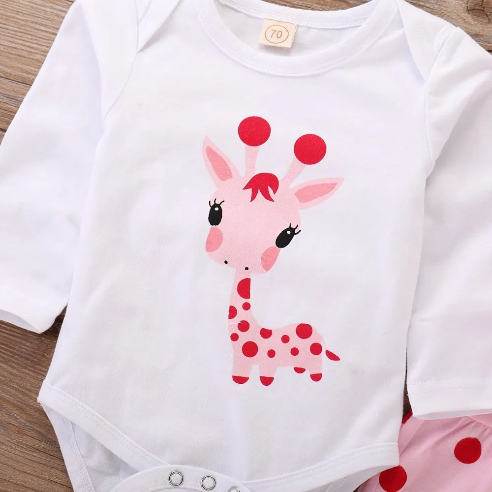 Polka Dot Newborn Baby Girl Clothes Sets Giraffe Tops Pant With Hat Infant Girls Outfits Suits