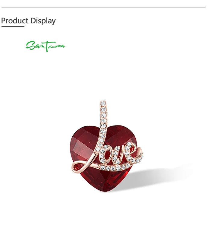SANTUZZA Authentic 925 Sterling Silver Pendant for Women Red Stones White CZ Love Heart Pendant Valentines Gifts Fine Jewelry