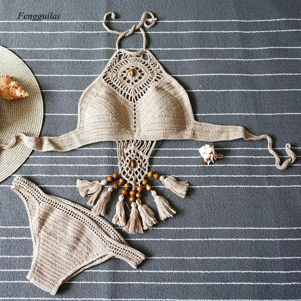 Bikini 2024 Knitting Swimsuit Crochet Bohemia Style Off Shoulder High Neck Bathing Beach Handmade Crochet