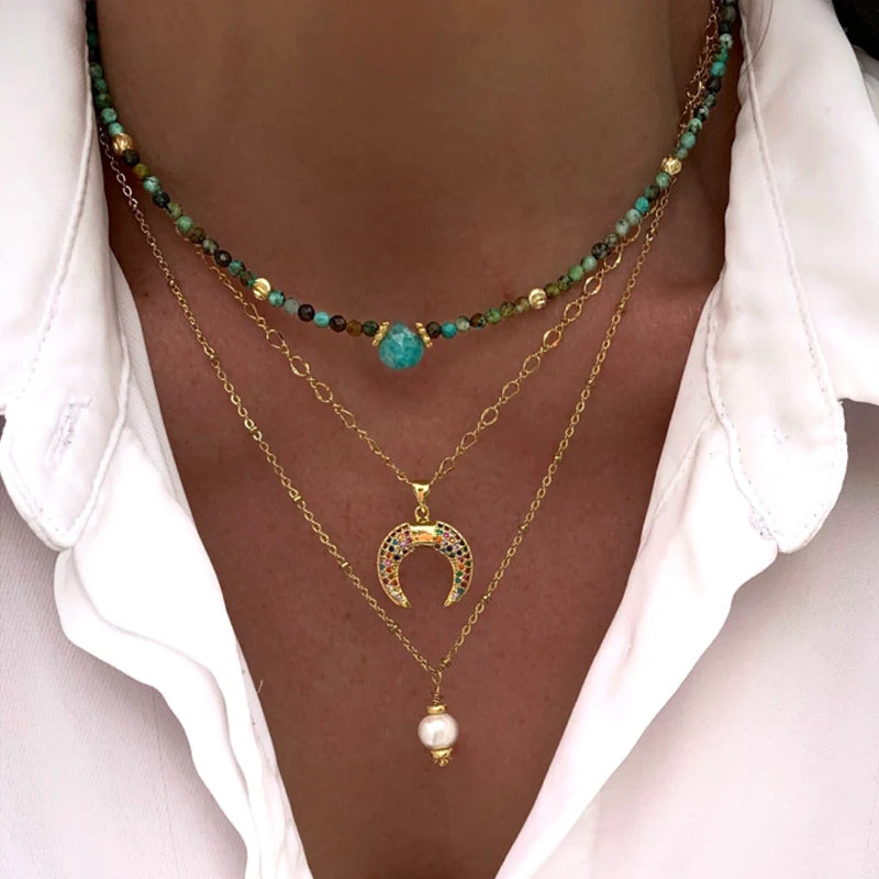 Winter New Retro Fashion Natural Stone Necklace Gold-color Alloy Accessories Embellished Exquisite Charm Ethnic Jewelry