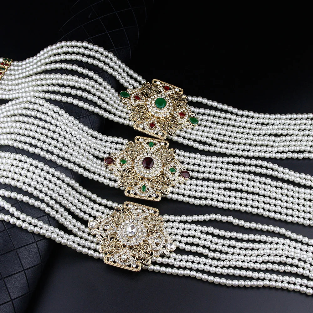 Sunspicems New Women Beaded Waist Belt Chain Pearl Caftan Belt Gold Color Flower Buckle Adjustable Length Wedding Dress Jewelry