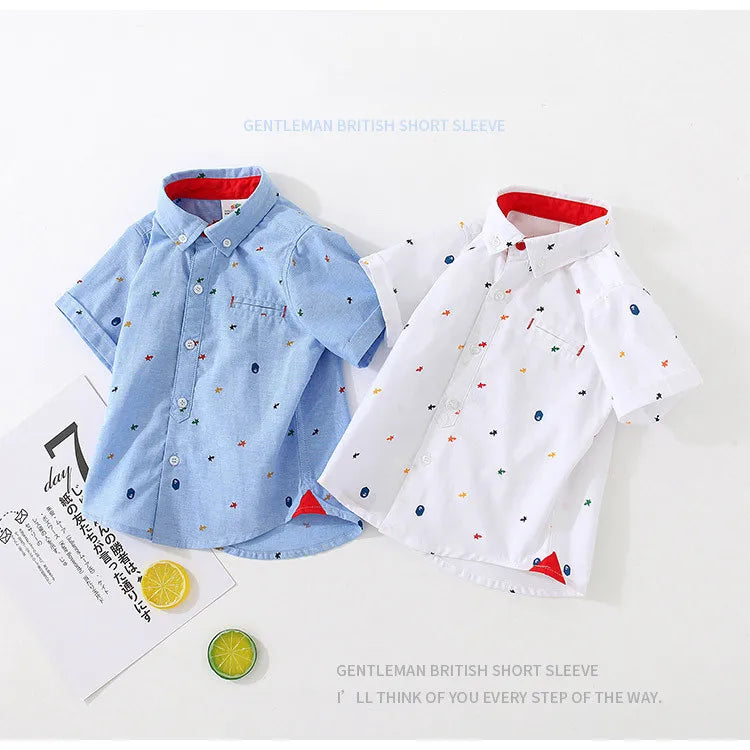 2024 England Style 2 3 4 5 6 8 10 Years Baby Summer Clothes Cotton Clothing Pocket Cartoon Print Short Sleeve Shirt For Kids Boy