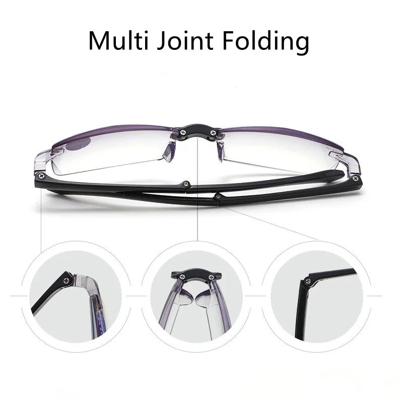 Smart zoom glasses folding diamond cut edge anti-blue reading glasses male frameless TR90 reading glasses portable box