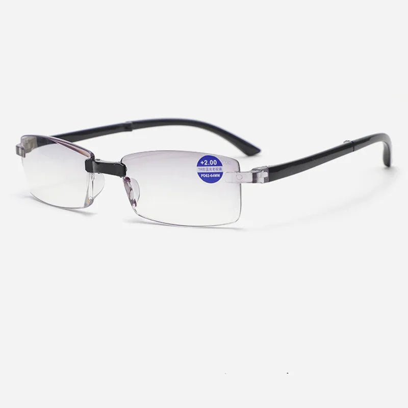 Smart zoom glasses folding diamond cut edge anti-blue reading glasses male frameless TR90 reading glasses portable box