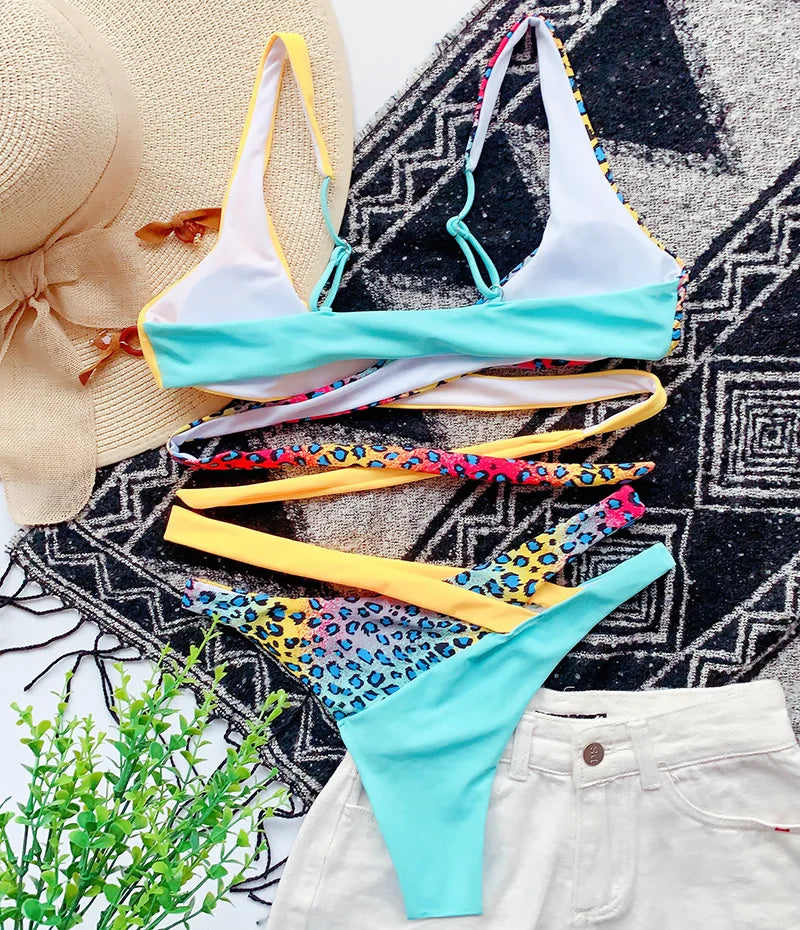 Sexy Splicing Cross Bandage Thong Bikini Female Swimsuit Women Swimwear Two Pieces Bikini Set Bathing Suit Swim Beach Wear Lady