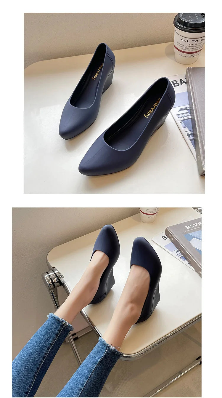 Wedges High heels jelly sandals women solid candy sandales pointed toe summer rain shoes ladies waterproof pvc sandalias 2021