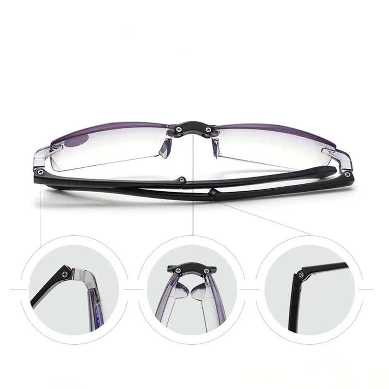Smart zoom glasses folding diamond cut edge anti-blue reading glasses male frameless TR90 reading glasses portable box