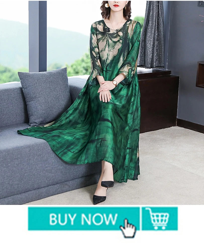 2024 Boho Vintage Print Natural Silk Midi Dresses Summer Loose Casual Dress Elegant Women Bodycon Party Vestidos