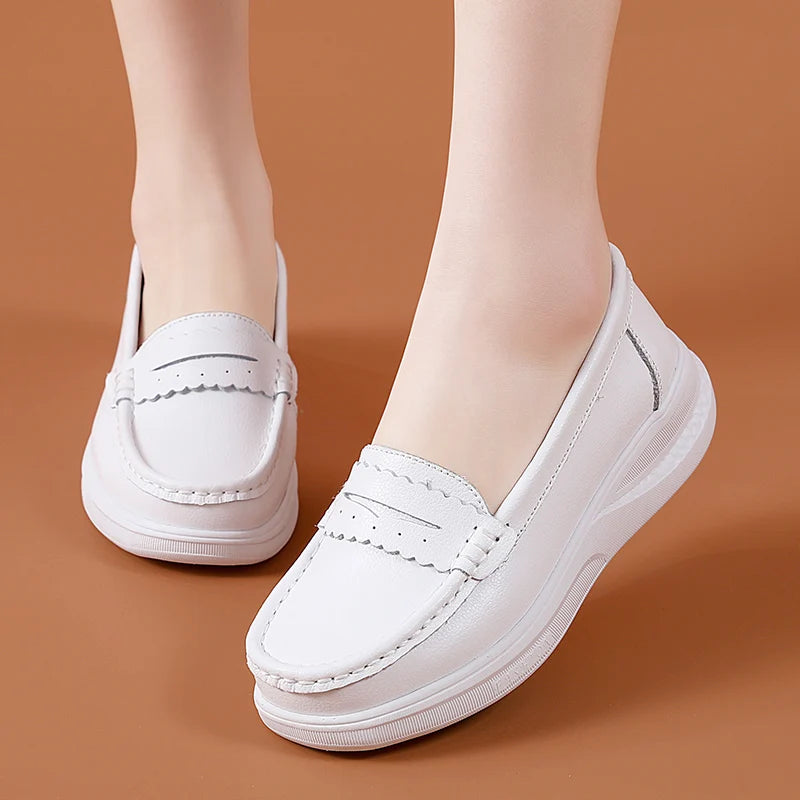 Summer Air Sole Comfortable Slip on Breathable Platform Loafer Casual White Genuine Leather Females Work Nurses Shoes