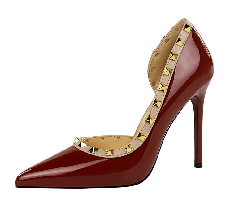 BIGTREE Shoes Rivet Design Women Pumps Patent leather High Heels 10.5 CM Stiletto Sexy party Shoes Women Heels Large size 43