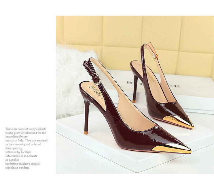 New Women 9.5 cm Heels Metal pointed tip Women Pumps Hollow out hook strap High heeled Sandals Women Summer Shoes Plus Size 43