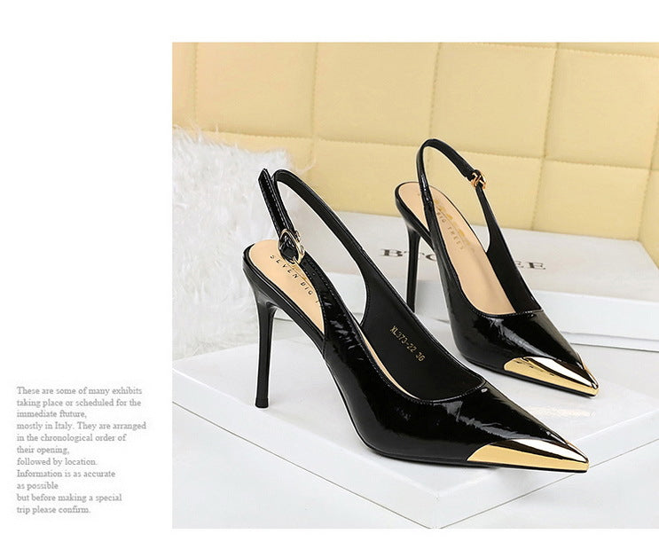 New Women 9.5 cm Heels Metal pointed tip Women Pumps Hollow out hook strap High heeled Sandals Women Summer Shoes Plus Size 43