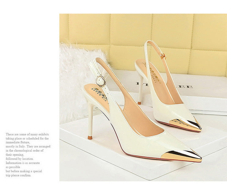 New Women 9.5 cm Heels Metal pointed tip Women Pumps Hollow out hook strap High heeled Sandals Women Summer Shoes Plus Size 43
