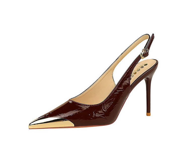 New Women 9.5 cm Heels Metal pointed tip Women Pumps Hollow out hook strap High heeled Sandals Women Summer Shoes Plus Size 43