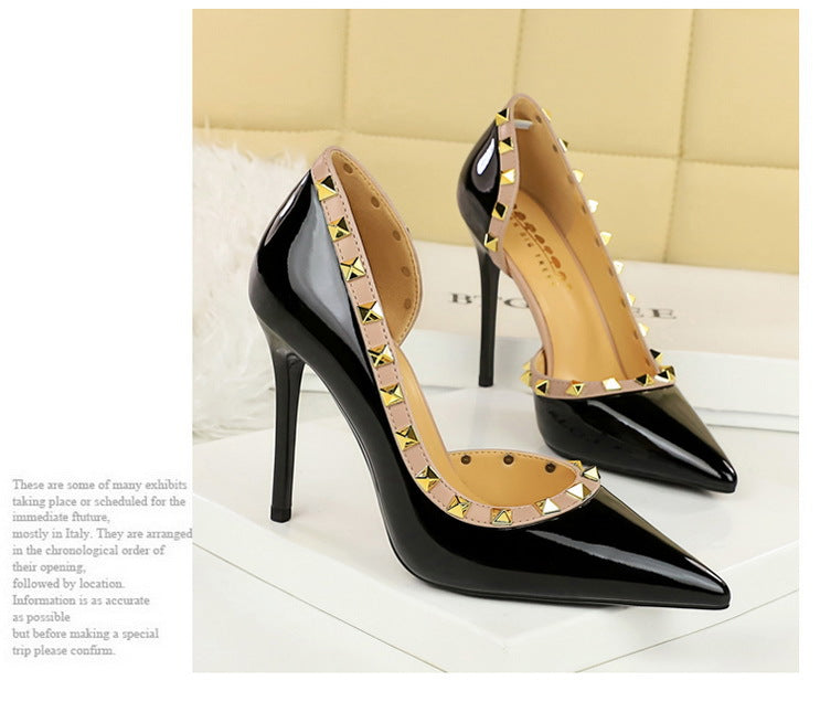 BIGTREE Shoes Rivet Design Women Pumps Patent leather High Heels 10.5 CM Stiletto Sexy party Shoes Women Heels Large size 43