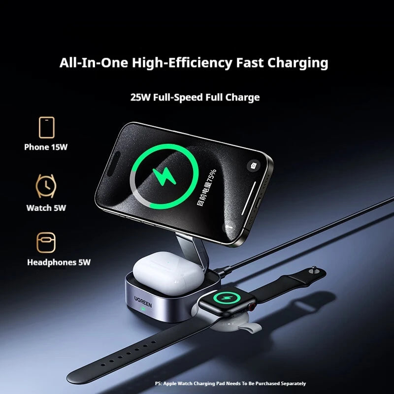 UGREEN Qi2 25W Magnetic Wireless Charger Stand Magsafe Fast Charger 2-in-1 Charging Stand For iPhone 16Pro 15 Pro Max/AirPods