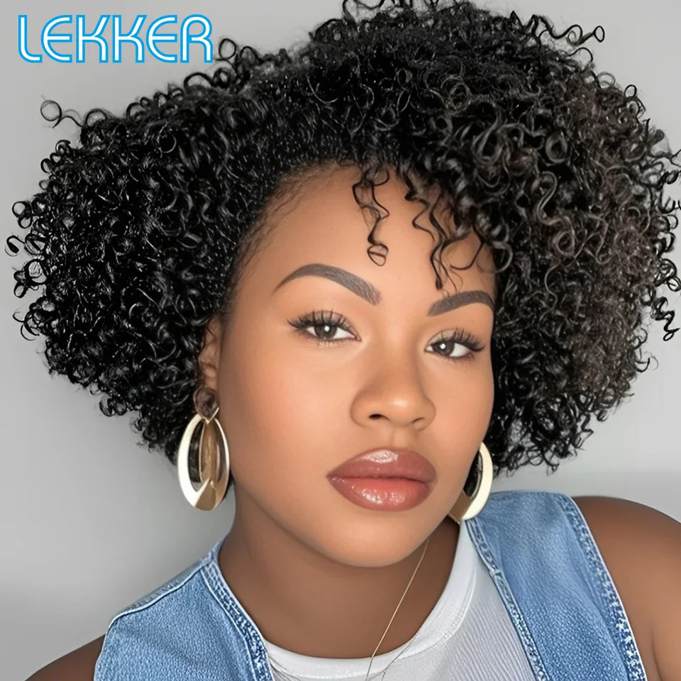 Lekker Short Pixie Afro Kinky Curly C Part Lace Bob 100% Human Hair Wigs For Women Brazilian Remy Hair Glueless Daily Black Wigs