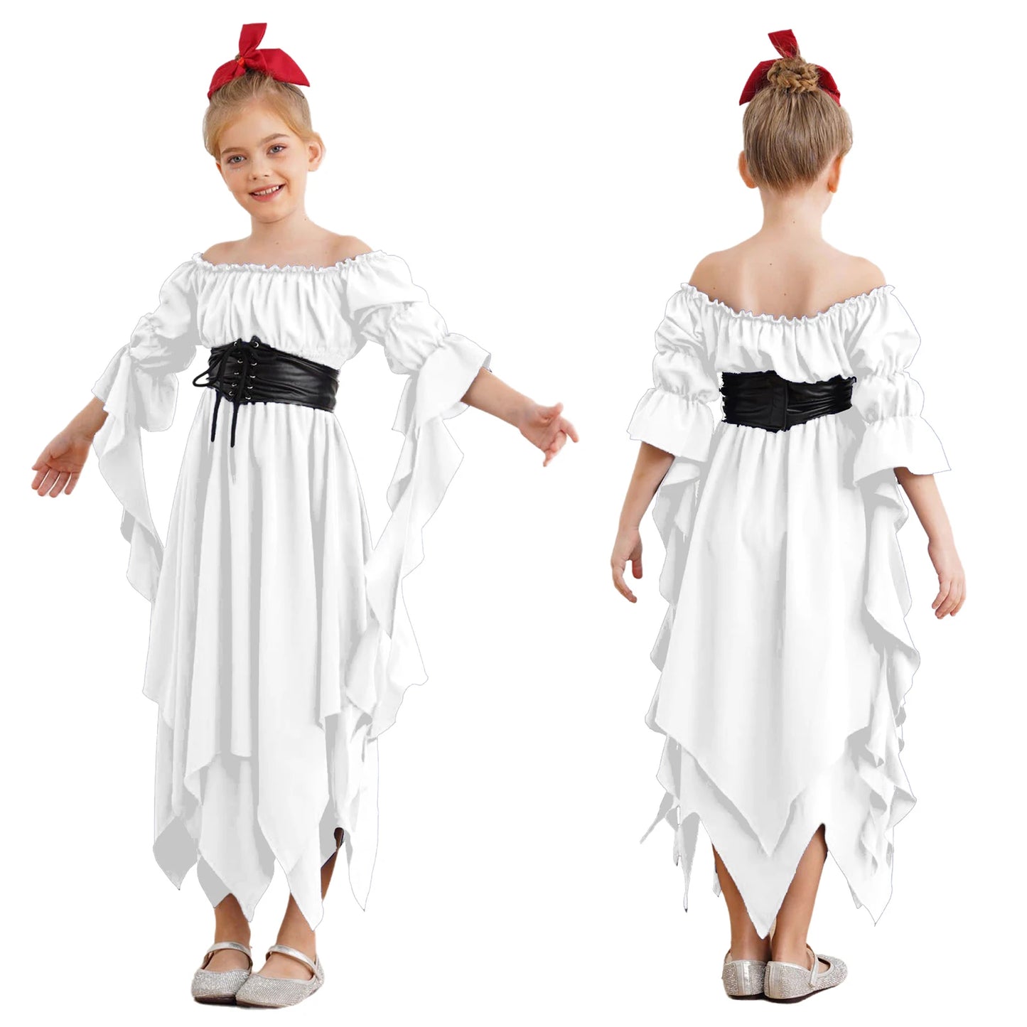 Girls Halloween Medieval Renaissance Witch Vampire Cosplay Costume Victorian Gothic Dress Off Shoulder Smocked Irregular Gown