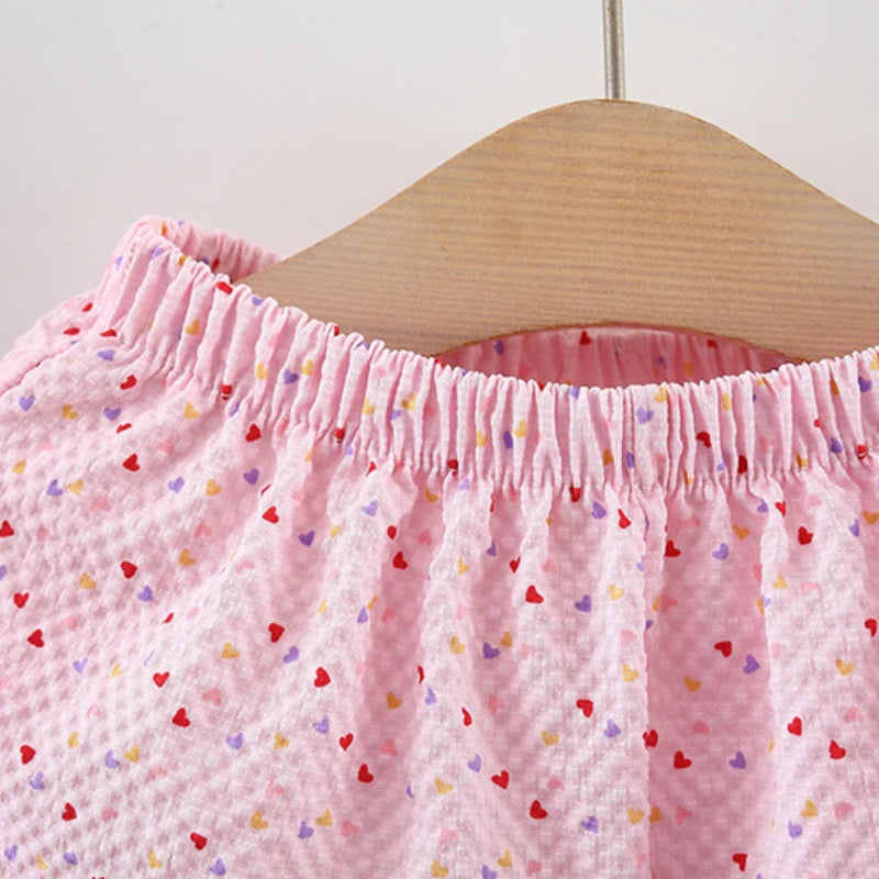 2pc/Set Baby SetS Summer Cotton Bow Top And Shorts Baby Clothing Adorable All-Over Heart Print Girl's Beach Set