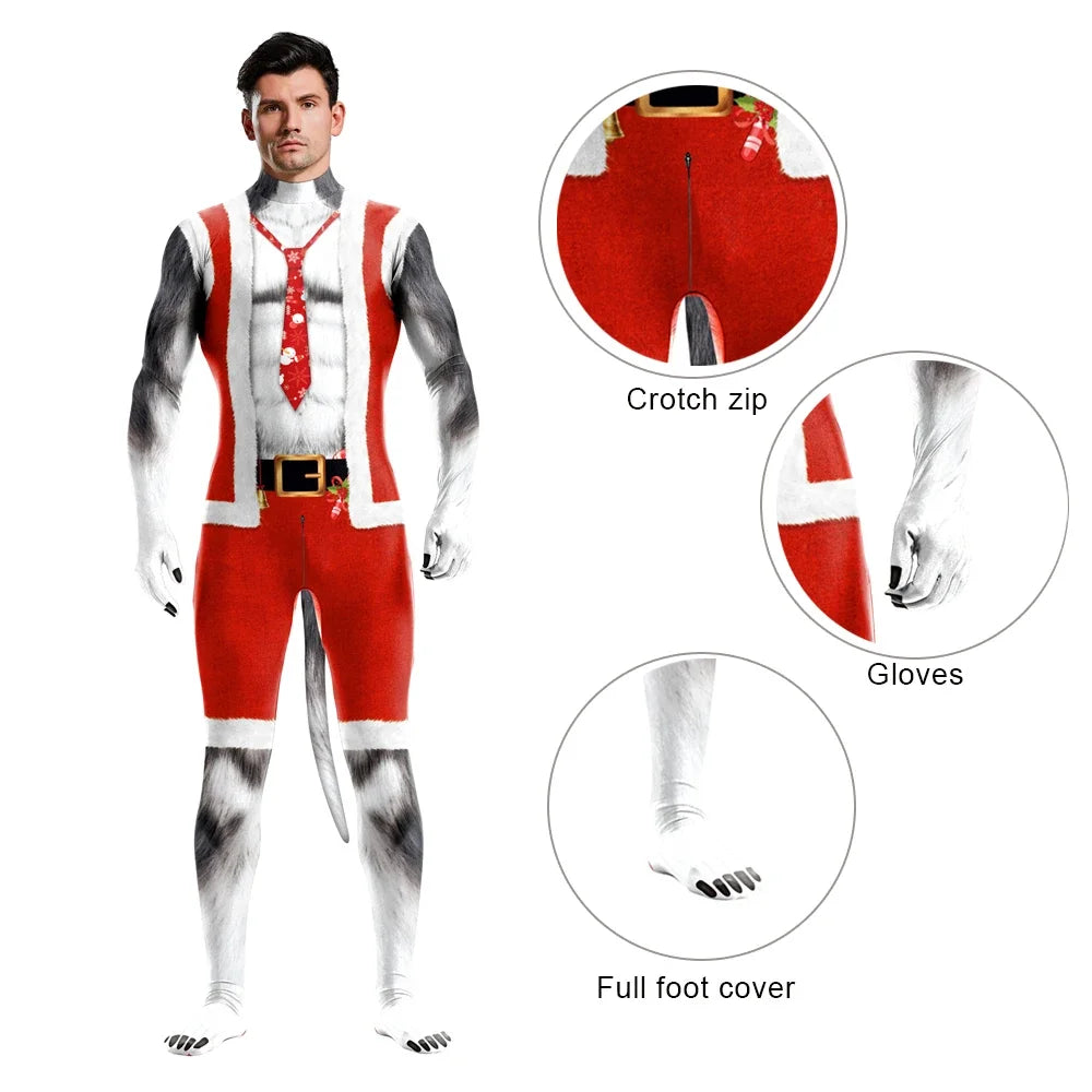 Halloween Cosplay Costume Male Adult Full Cover Elastic Zentai Pet Suit Jumpsuit Print Catsuit Bodysuits with Tail Purim Clothes