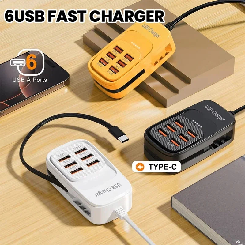 New USB Charger 6-in-1 Power Strip Desktop Charging Station With Fast Charging Cord EU US Plug USB/C HUB Adapter Socket 3PD 3USB