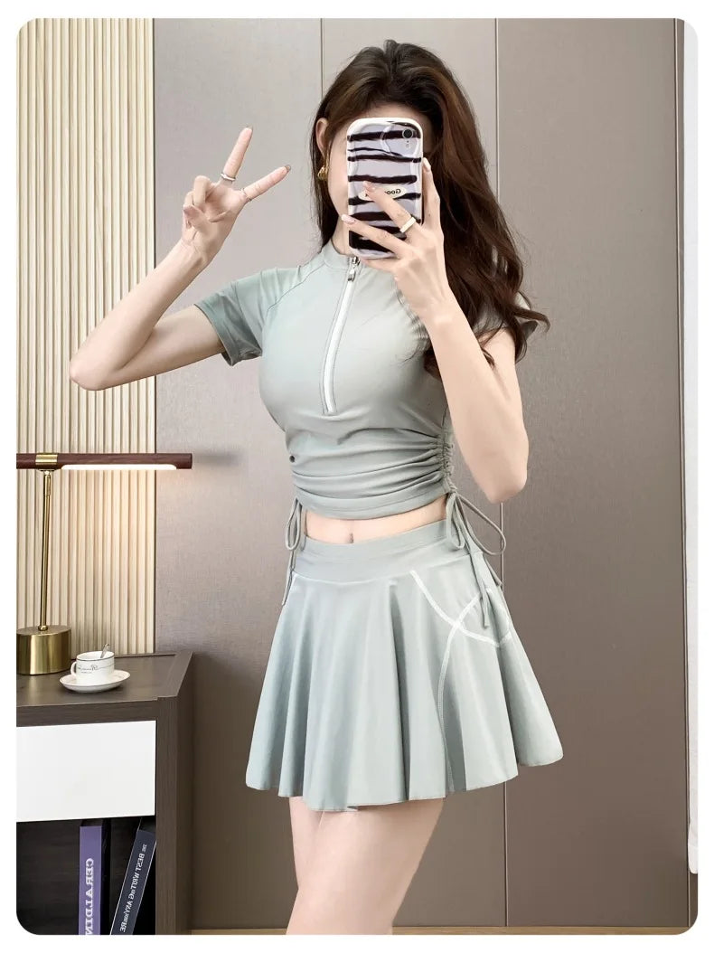Women Split Sports Swimsuit 2026 New Short Skirt Two Piece Set T-Shirt Cover Up Sun Protection Swimming Outfit for Teen Students