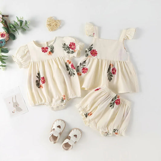 MILANCEL New Baby Summer Clothes Infant Girl's Floral Puff Sleeve Bodysuit Toddler Tee And Shorts 2PCS Sets ﻿Children's Outfit