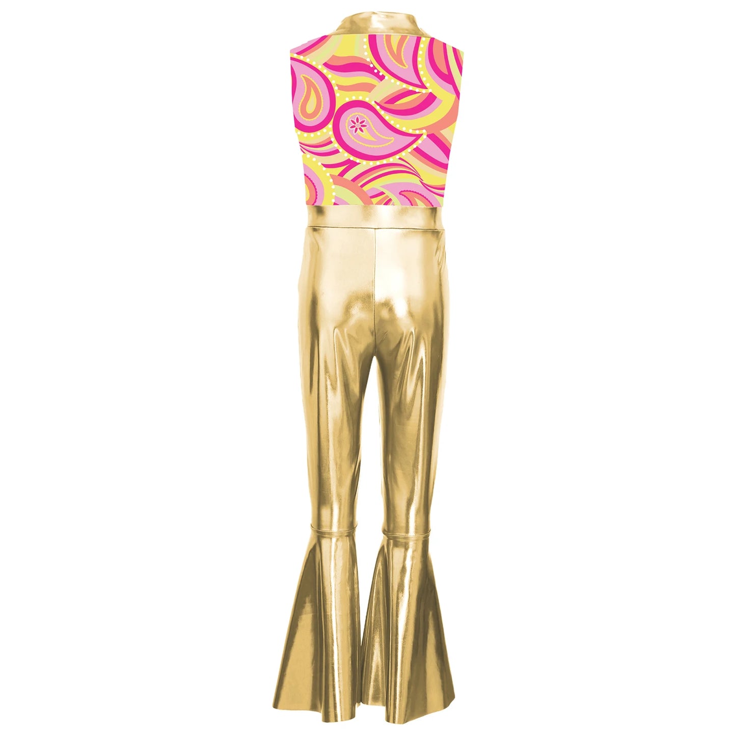 Children Boys 70-80s Disco Hippie Cowboy Costume Metallic Shiny Zipper Bell-bottom Jumpsuit for Halloween Carnival Cosplay Party