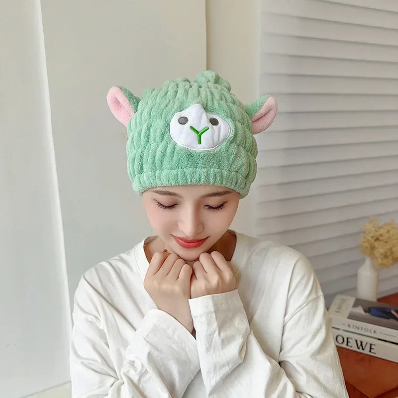 Coral Fleece Cartoon Kids Hair Drying Hat Animal Embroidered Shower Cap Absorbent Quick Dry Tape Cute Bathroom Accessory Soft