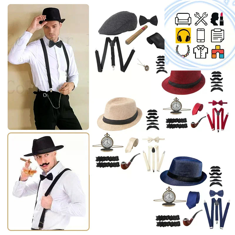 Halloween 1Set 1920's Cosplay Costume Hat Pocket Watch Neck Tie Moustache Bowtie Gatsby Masquerade Accessories