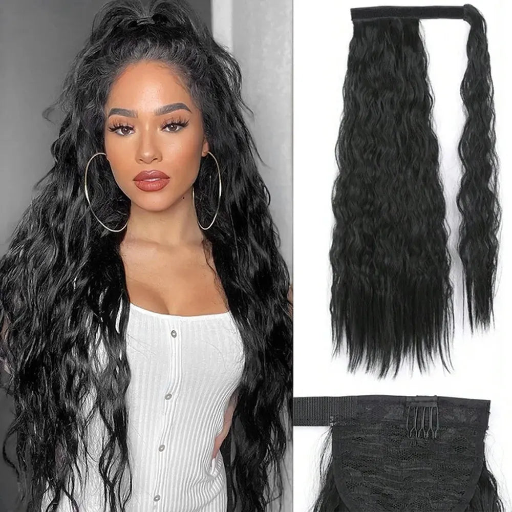 Synthetic Long Corn Wave Ponytail Extension Magic Paste Heat Resistant Wavy Wrap Around Ponytail Black Hairpiece for Women