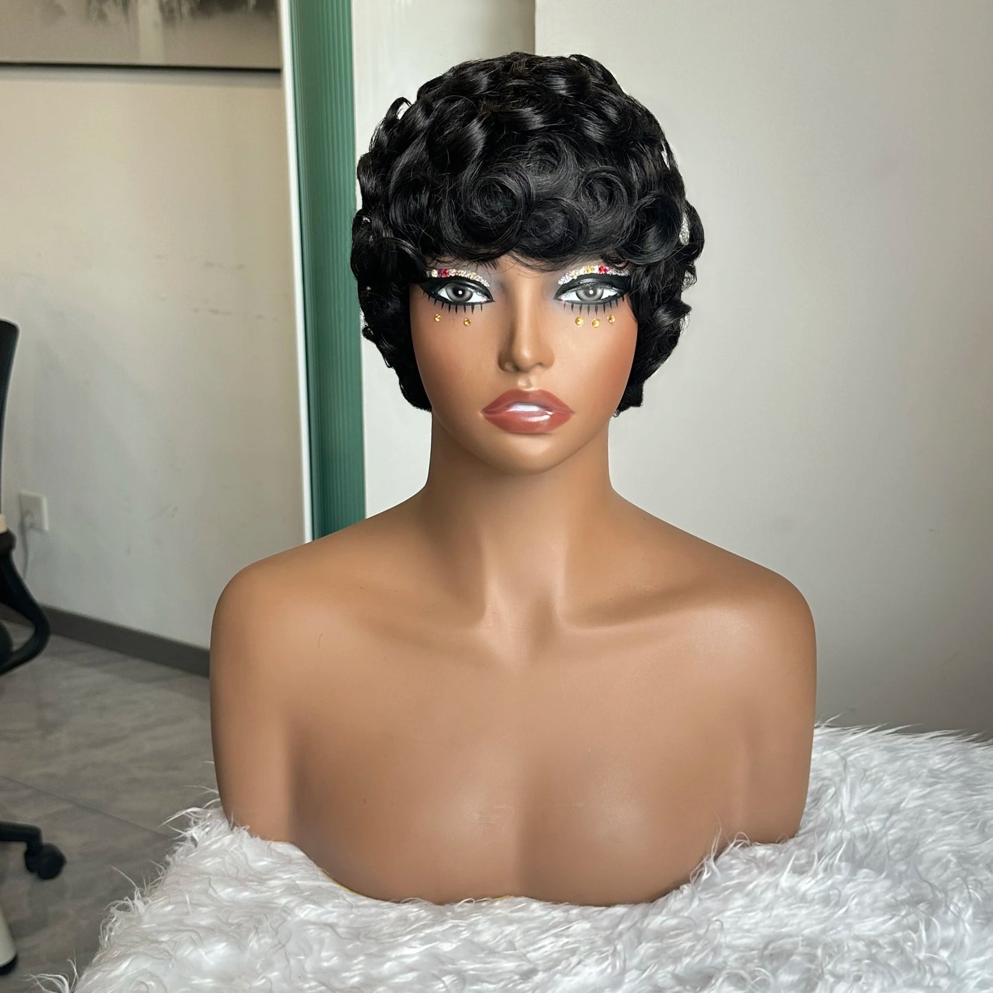 Short Layered Pixie Curly Wigs Human Hair Chic Pixie Cut Human Hair Wig With Bangs Black Color Full Machine Made For Women