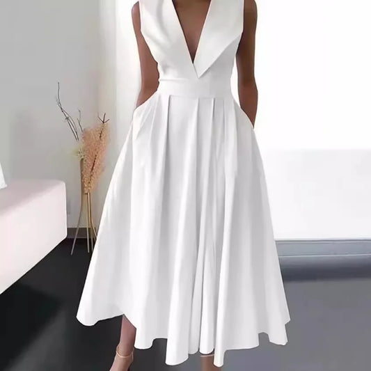 Hot Sale Of The Season New Women's Midi Dress Sleeveless Waist Cinched Large Flounce Pure Color Pocket Insertion Cross-Border...