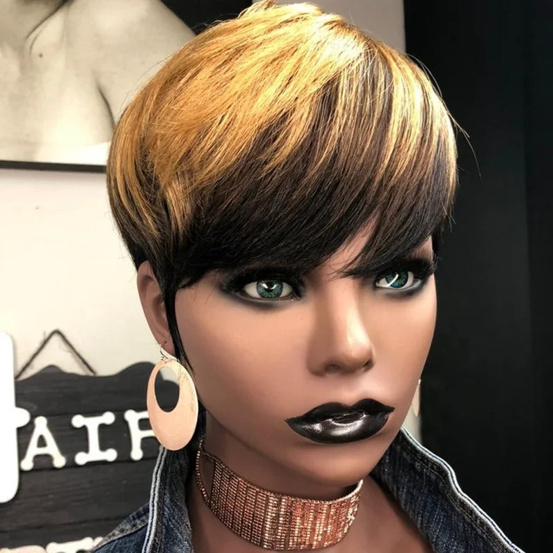 Sale Ombre Color Pixie Cut Wig Machine Made Human Hair Wigs Pre Plucked Short Cut Bob Wigs Brazilian Remy Honey Blonde Wig 1B/27